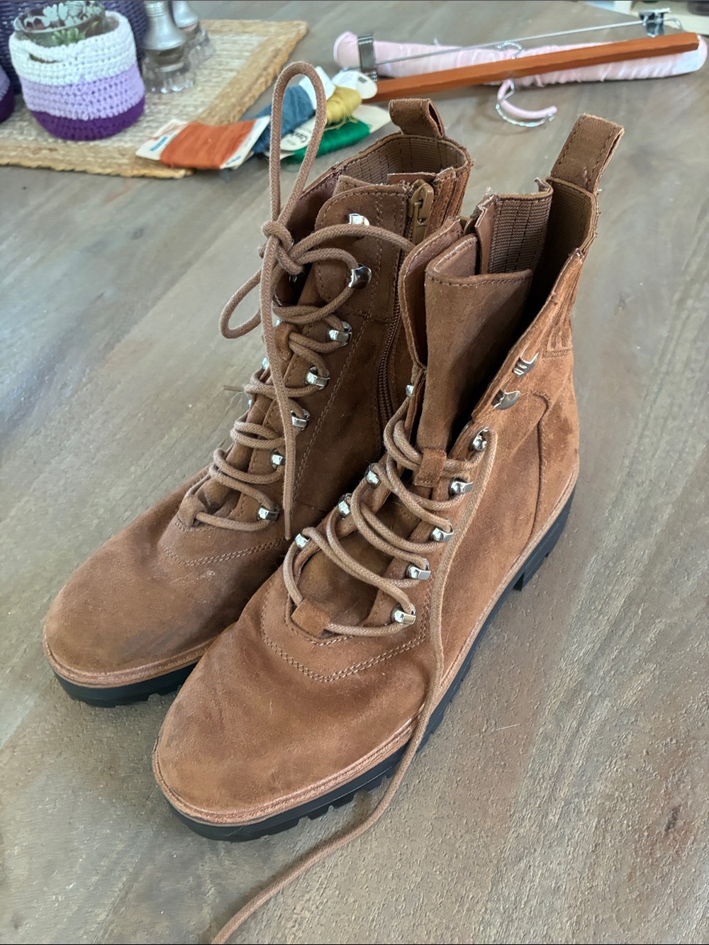 Nine West Brown Suede Lace-Up Combat Boots